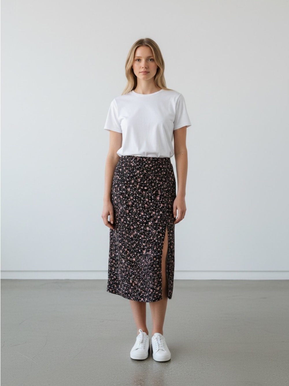 NWT NSR Napean Sea Rd Black Floral Midi Skirt Side Slit Pink Rose Floral Print S